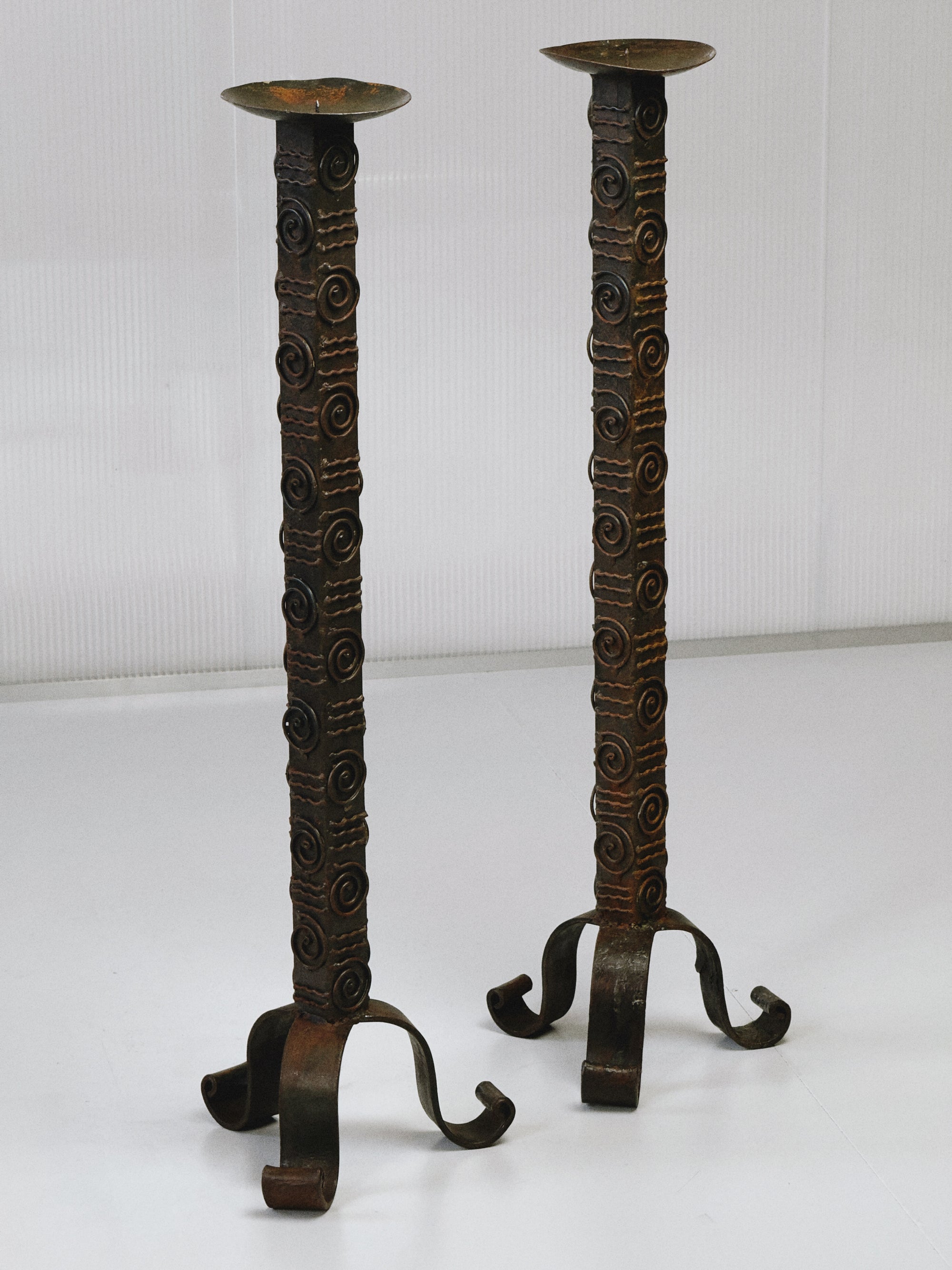 Pair of Brutalist Wrought Iron Floor Candlesticks