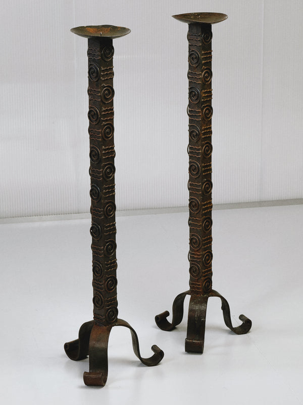 Pair of Brutalist Wrought Iron Floor Candlesticks