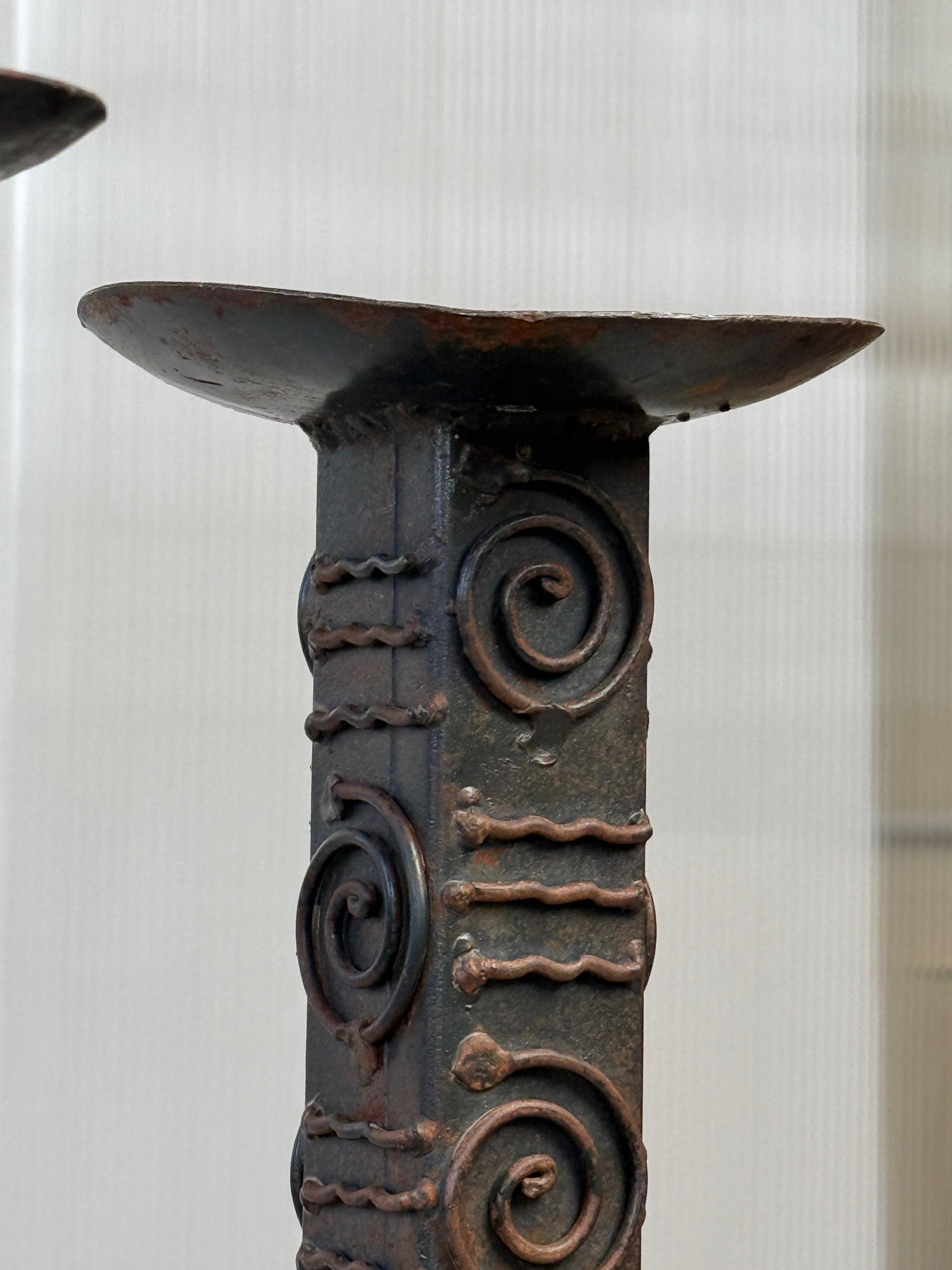 Pair of Brutalist Wrought Iron Floor Candlesticks