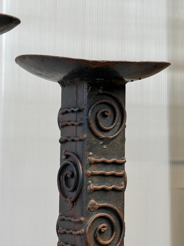 Pair of Brutalist Wrought Iron Floor Candlesticks