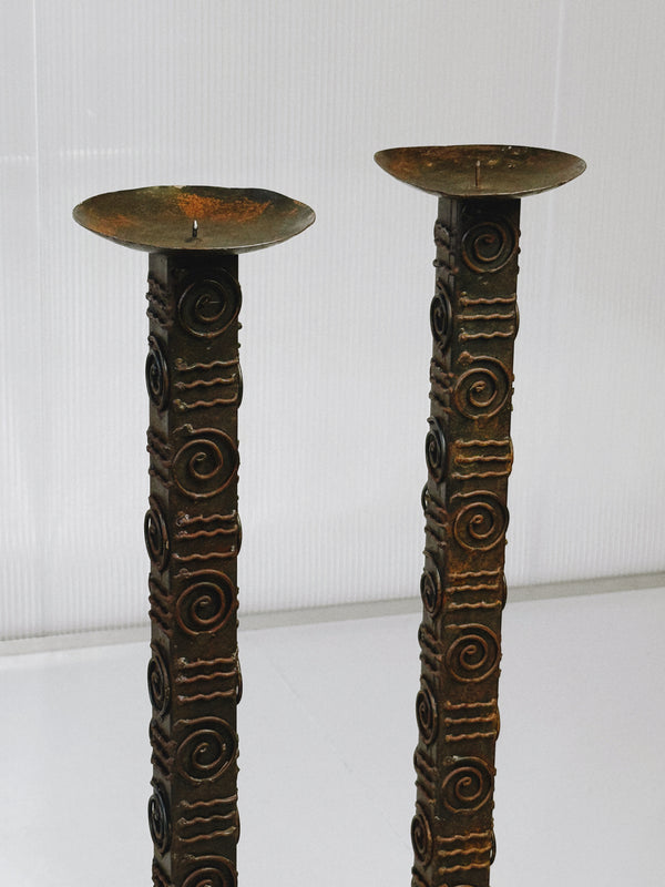 Pair of Brutalist Wrought Iron Floor Candlesticks
