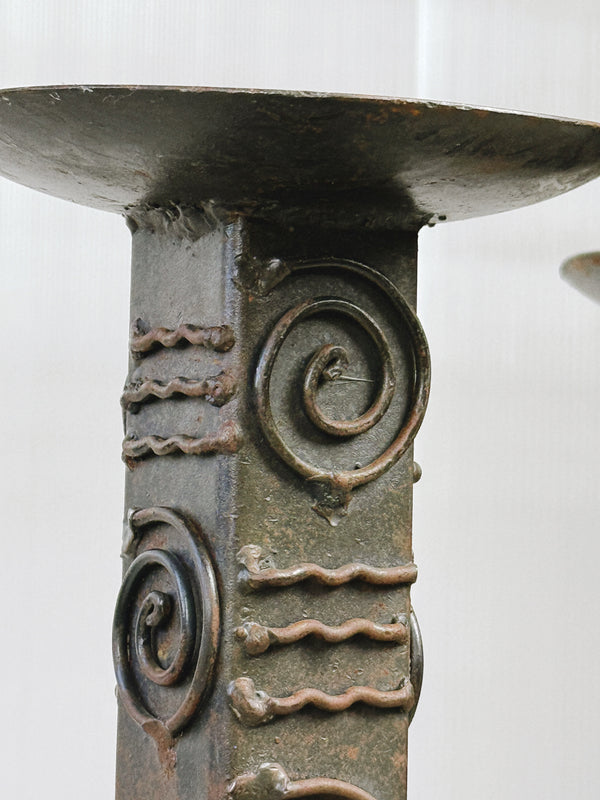Pair of Brutalist Wrought Iron Floor Candlesticks