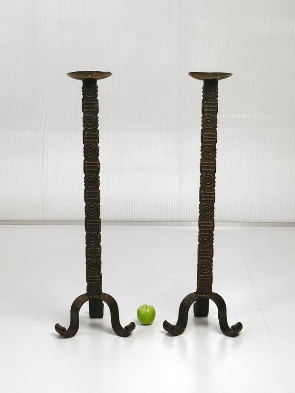 Pair of Brutalist Wrought Iron Floor Candlesticks