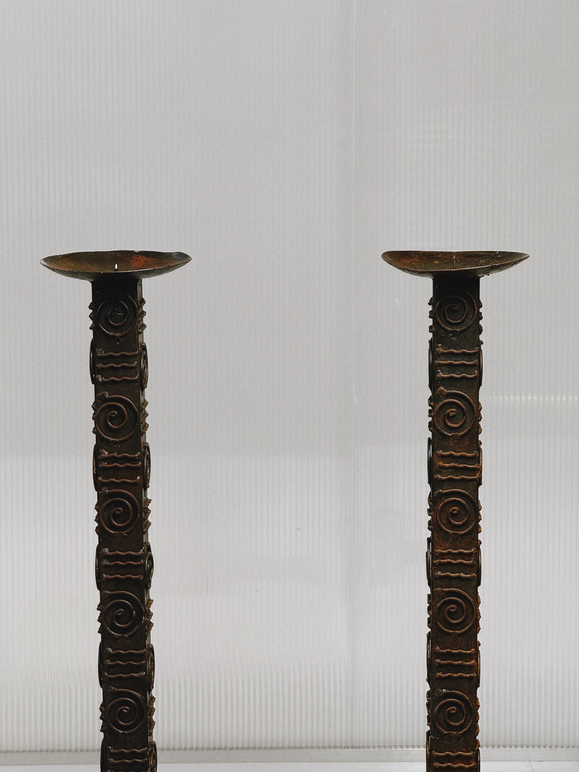 Pair of Brutalist Wrought Iron Floor Candlesticks