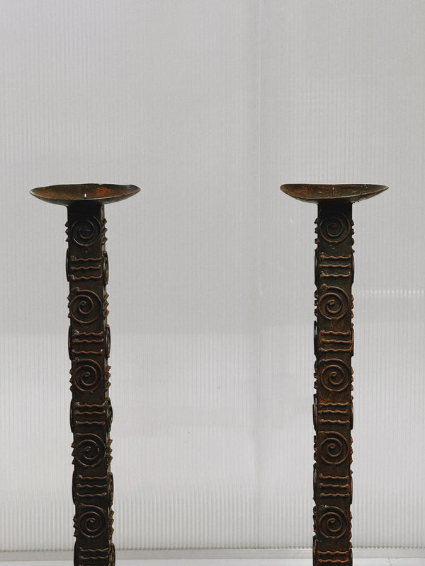 Pair of Brutalist Wrought Iron Floor Candlesticks