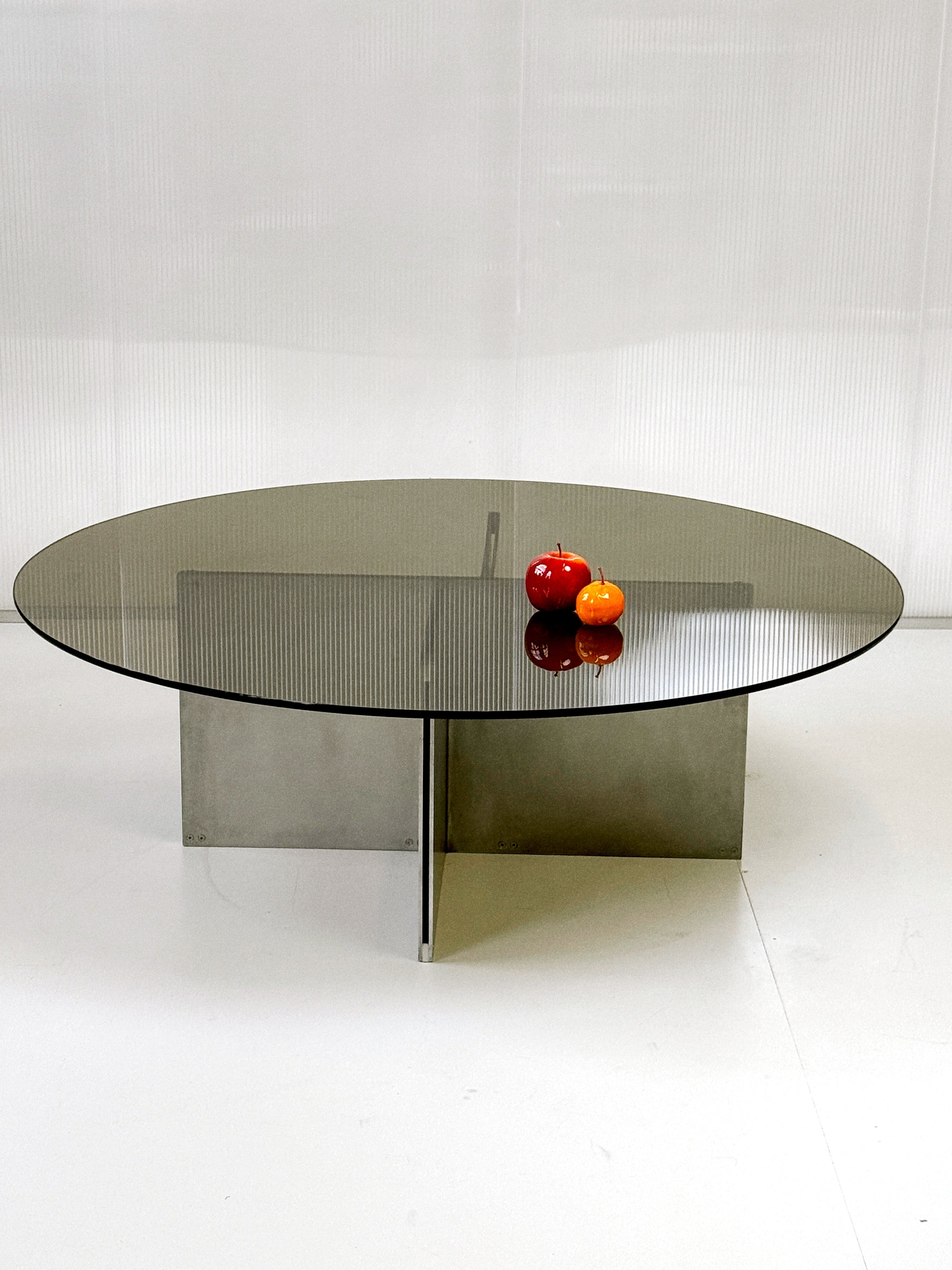 Large Round Smoked Glass Coffee Table with Aluminium Base | 117cm | Postmodern