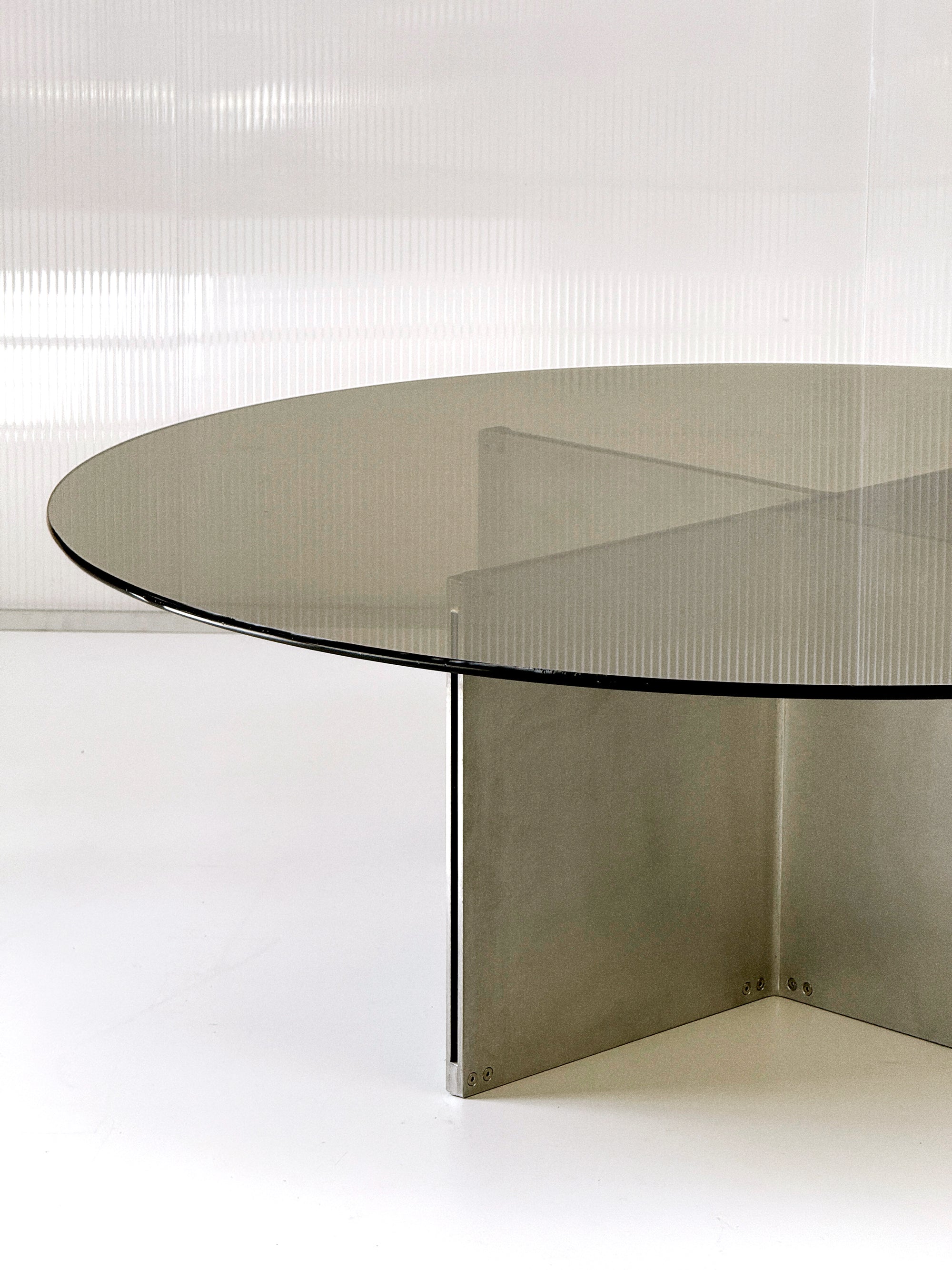 Large Round Smoked Glass Coffee Table with Aluminium Base | 117cm | Postmodern