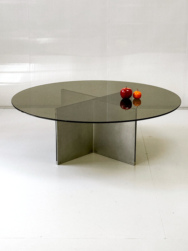 Large Round Smoked Glass Coffee Table with Aluminium Base | 117cm | Postmodern
