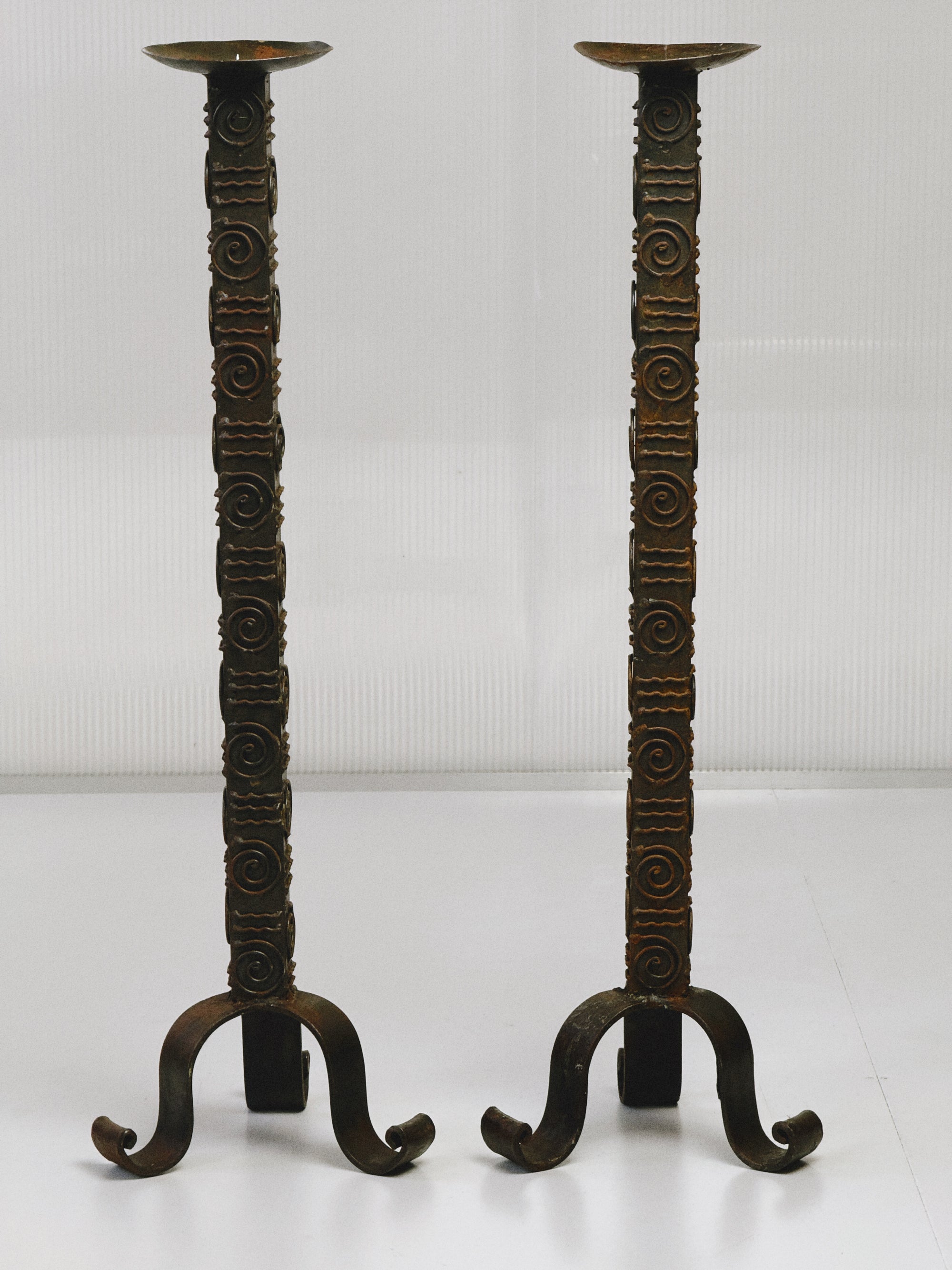 Pair of Brutalist Wrought Iron Floor Candlesticks