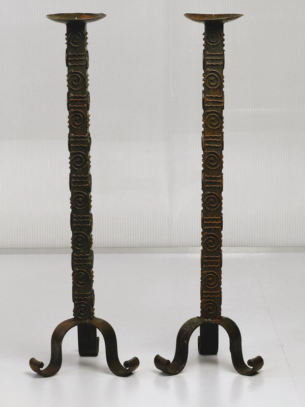 Pair of Brutalist Wrought Iron Floor Candlesticks