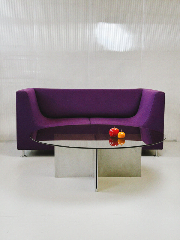 Large Round Smoked Glass Coffee Table with Aluminium Base | 117cm | Postmodern