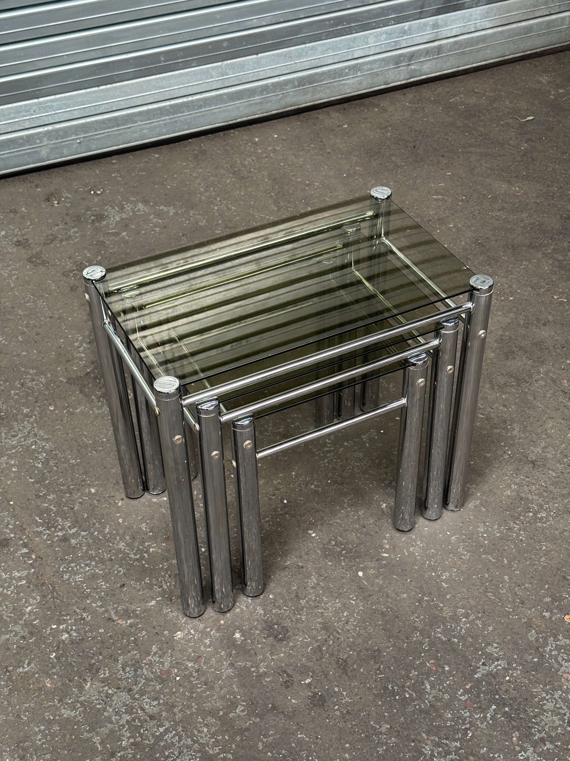 Chrome & Smoked Glass Nesting Tables | 1970s Italian Tricom