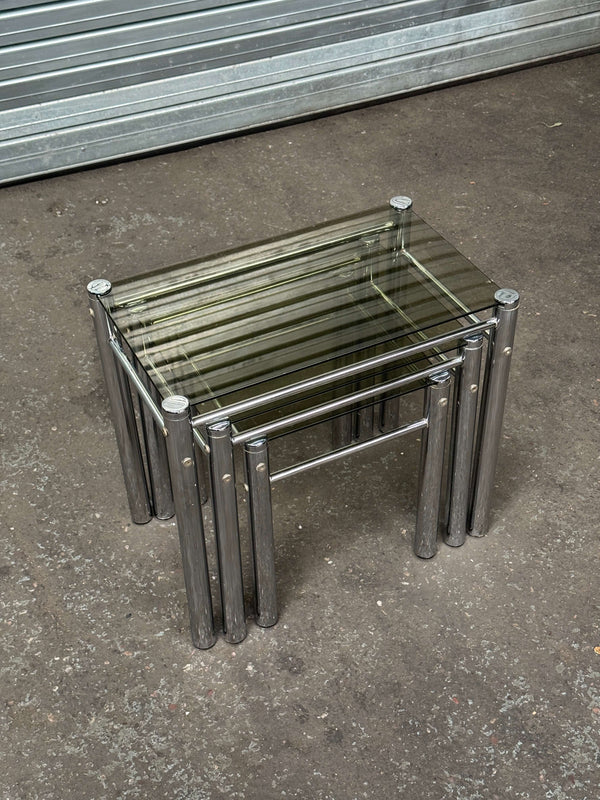 Chrome & Smoked Glass Nesting Tables | 1970s Italian Tricom