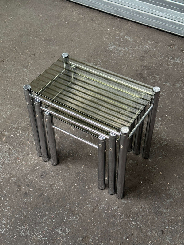 Chrome & Smoked Glass Nesting Tables | 1970s Italian Tricom