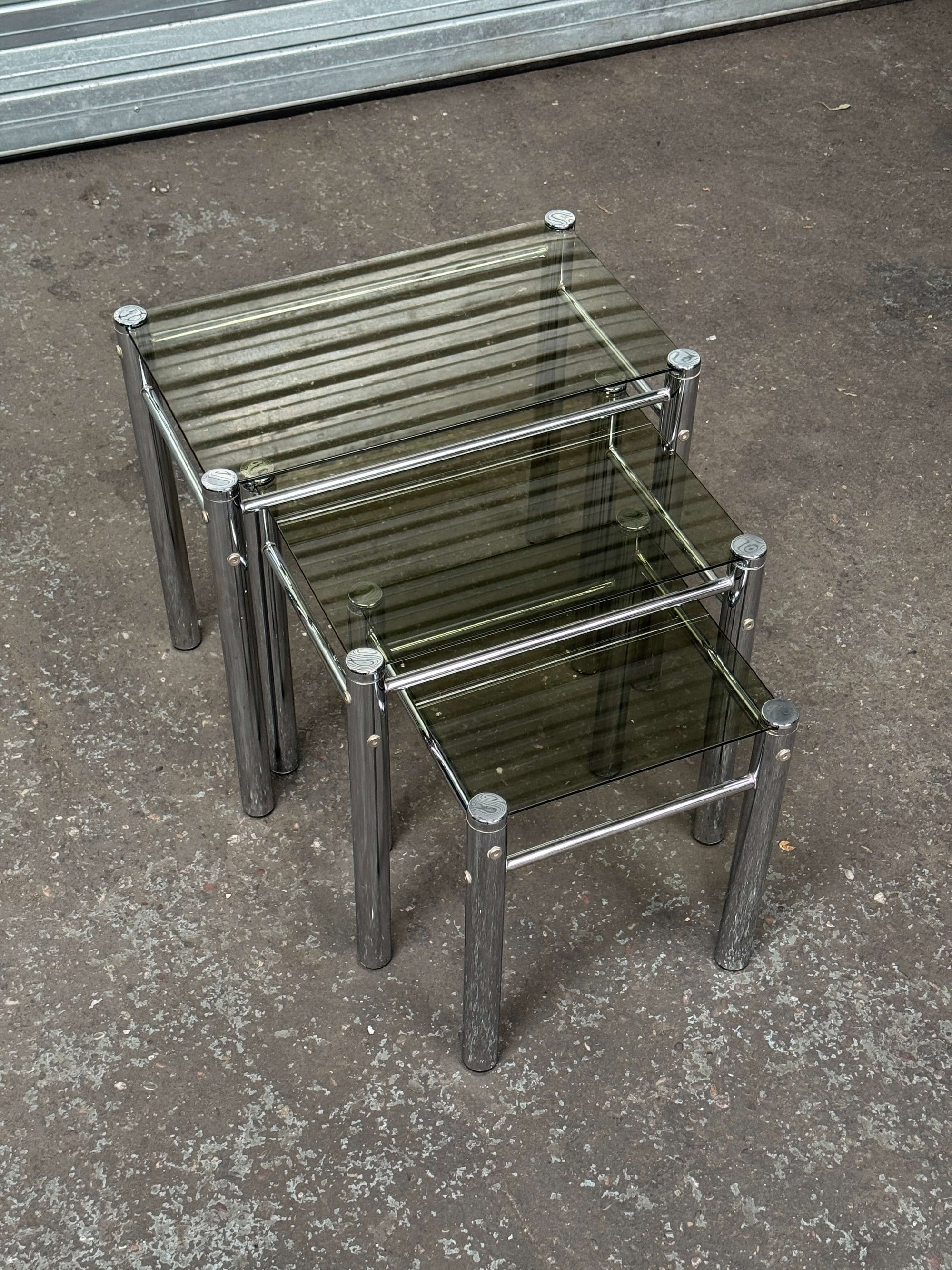 Chrome & Smoked Glass Nesting Tables | 1970s Italian Tricom