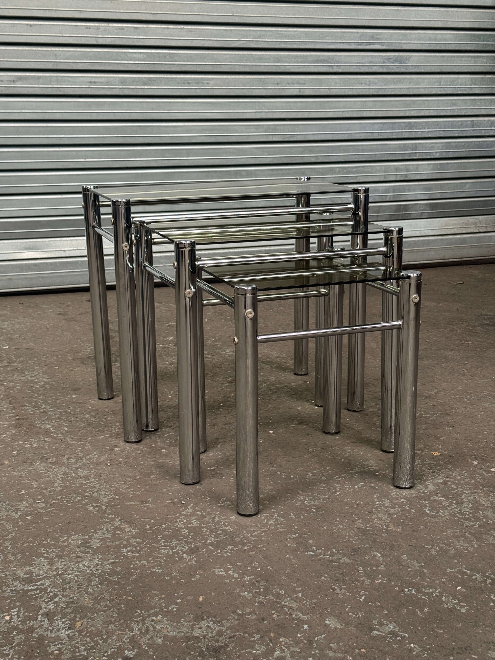 Chrome & Smoked Glass Nesting Tables | 1970s Italian Tricom