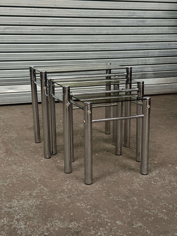 Chrome & Smoked Glass Nesting Tables | 1970s Italian Tricom