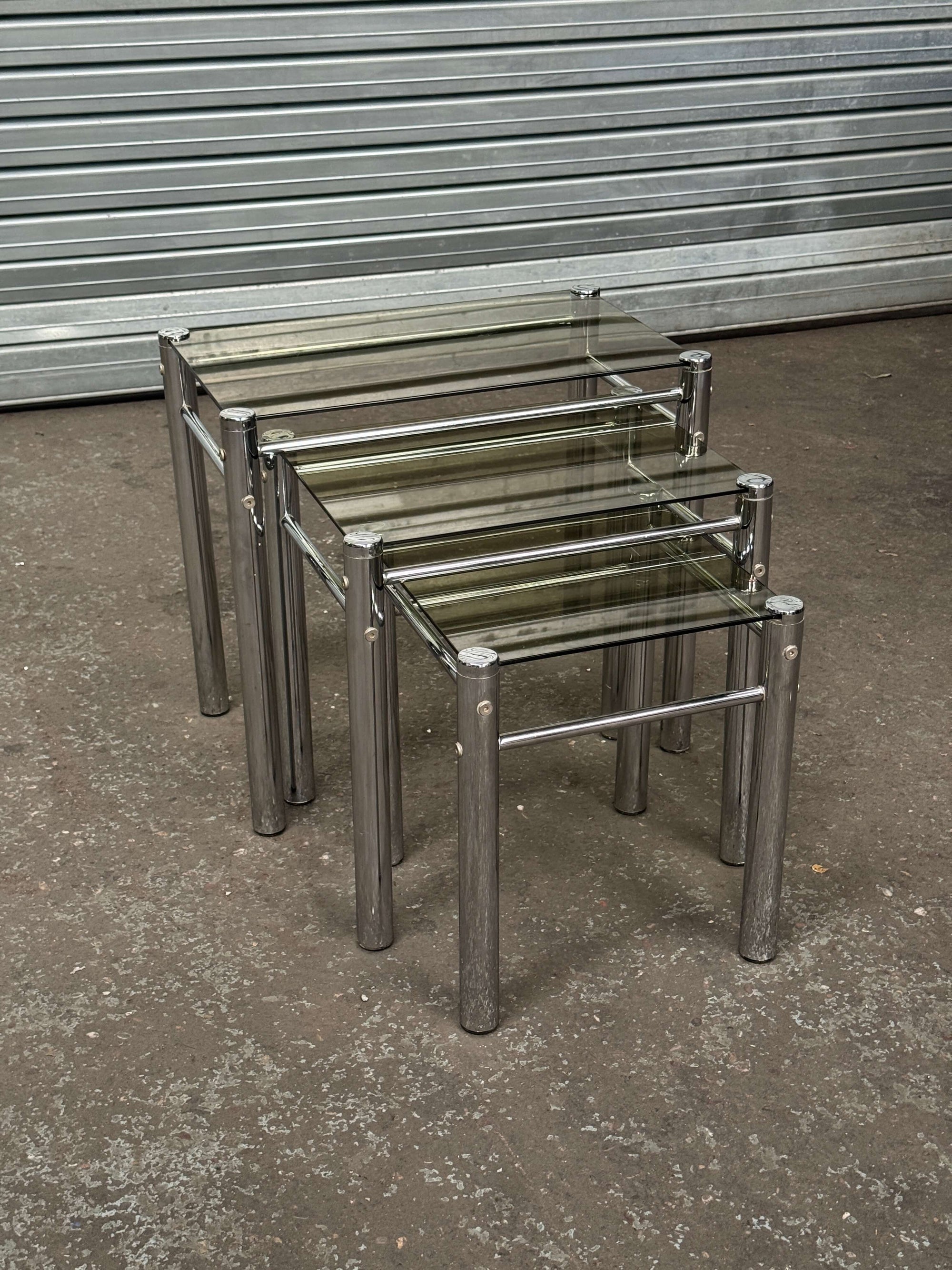 Chrome & Smoked Glass Nesting Tables | 1970s Italian Tricom