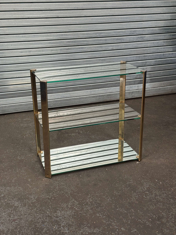 Hollywood Regency Glass & Brass 3-Tier Console Table | 1970s Vintage