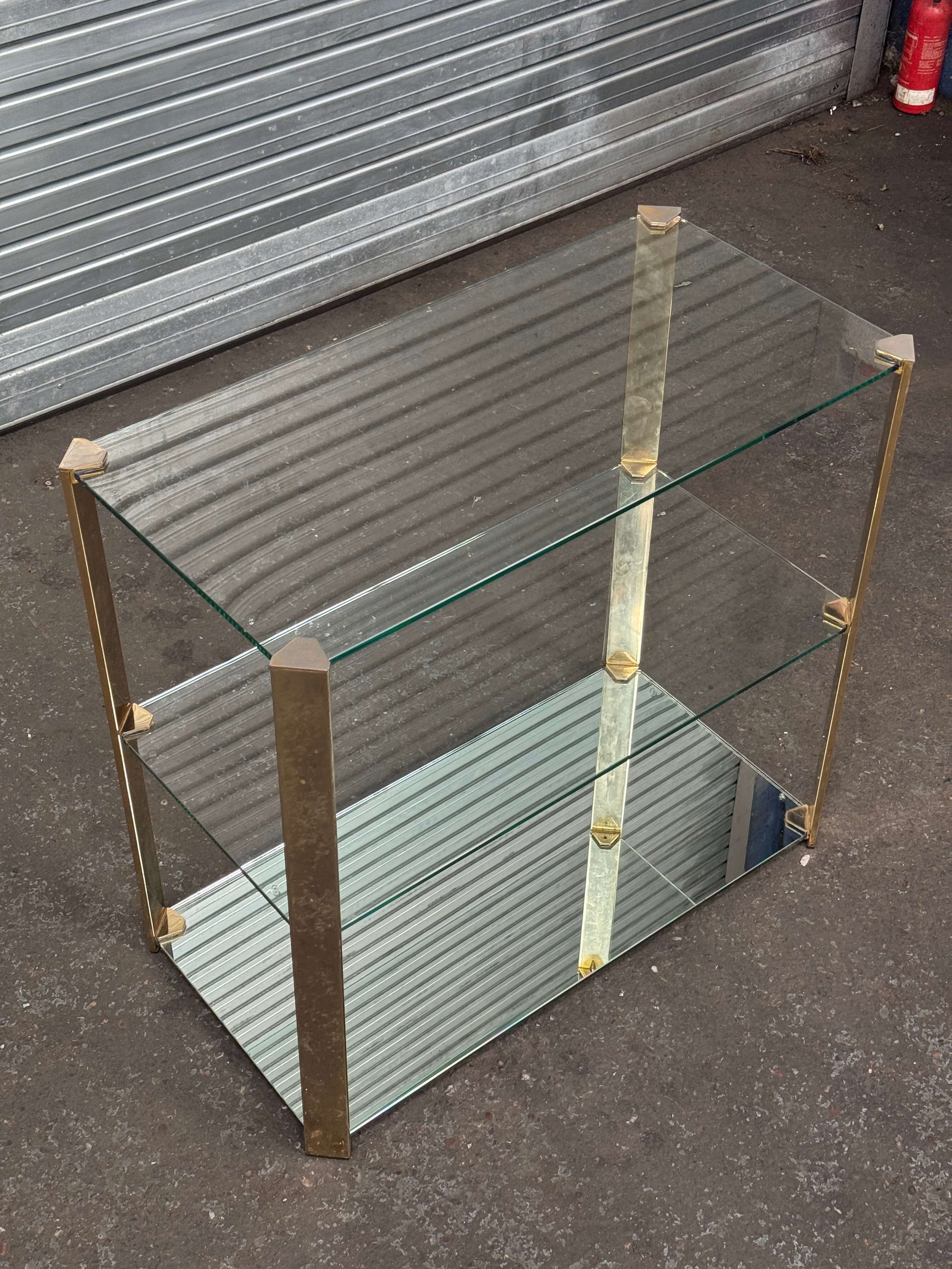 Hollywood Regency Glass & Brass 3-Tier Console Table | 1970s Vintage
