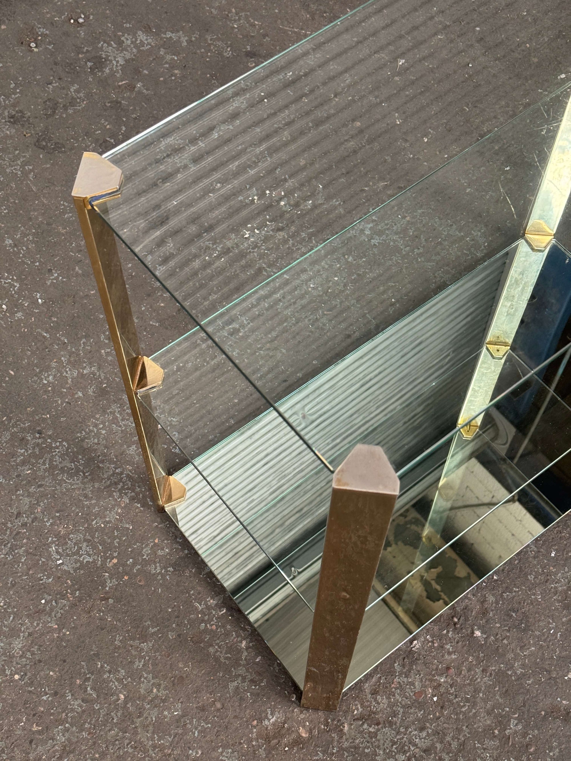 Hollywood Regency Glass & Brass 3-Tier Console Table | 1970s Vintage