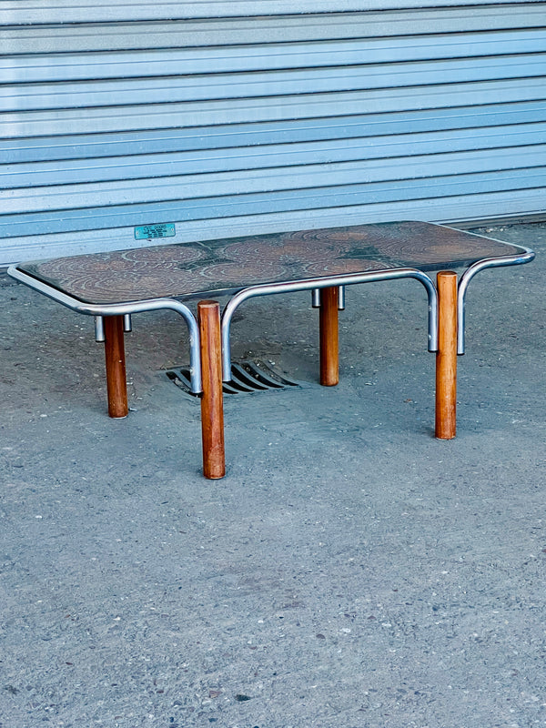 Roger Capron Chrome & Teak Coffee Table | France, 1970's