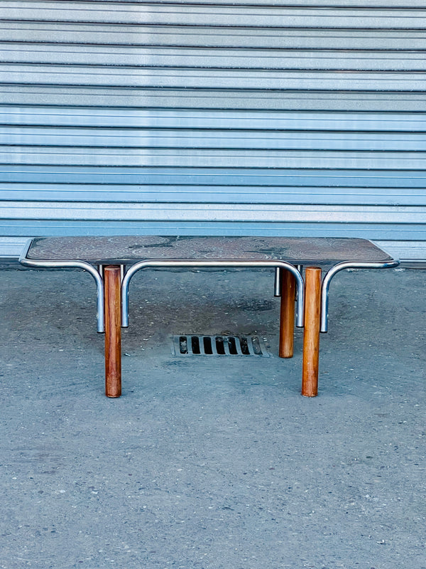 Roger Capron Chrome & Teak Coffee Table | France, 1970's
