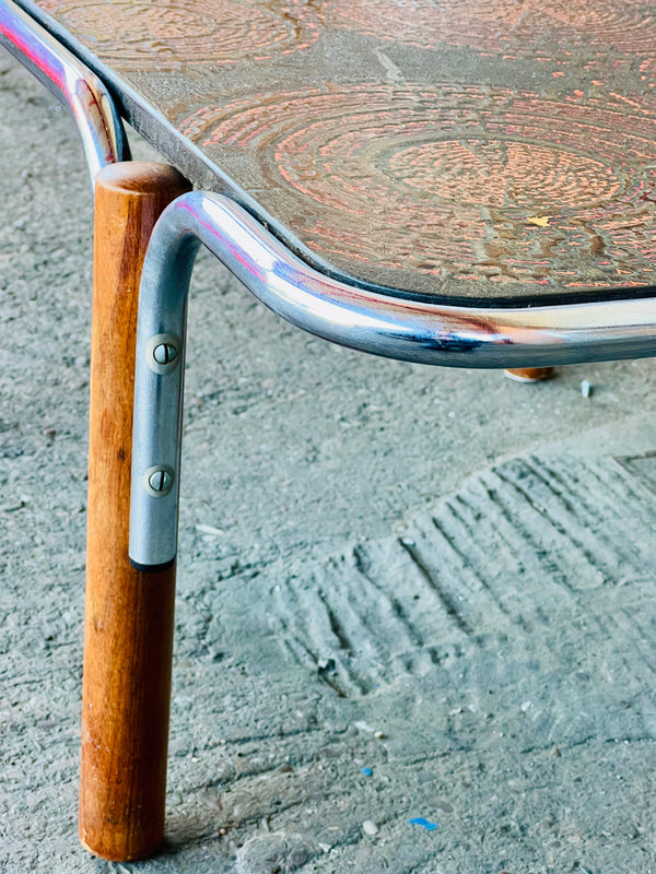 Roger Capron Chrome & Teak Coffee Table | France, 1970's